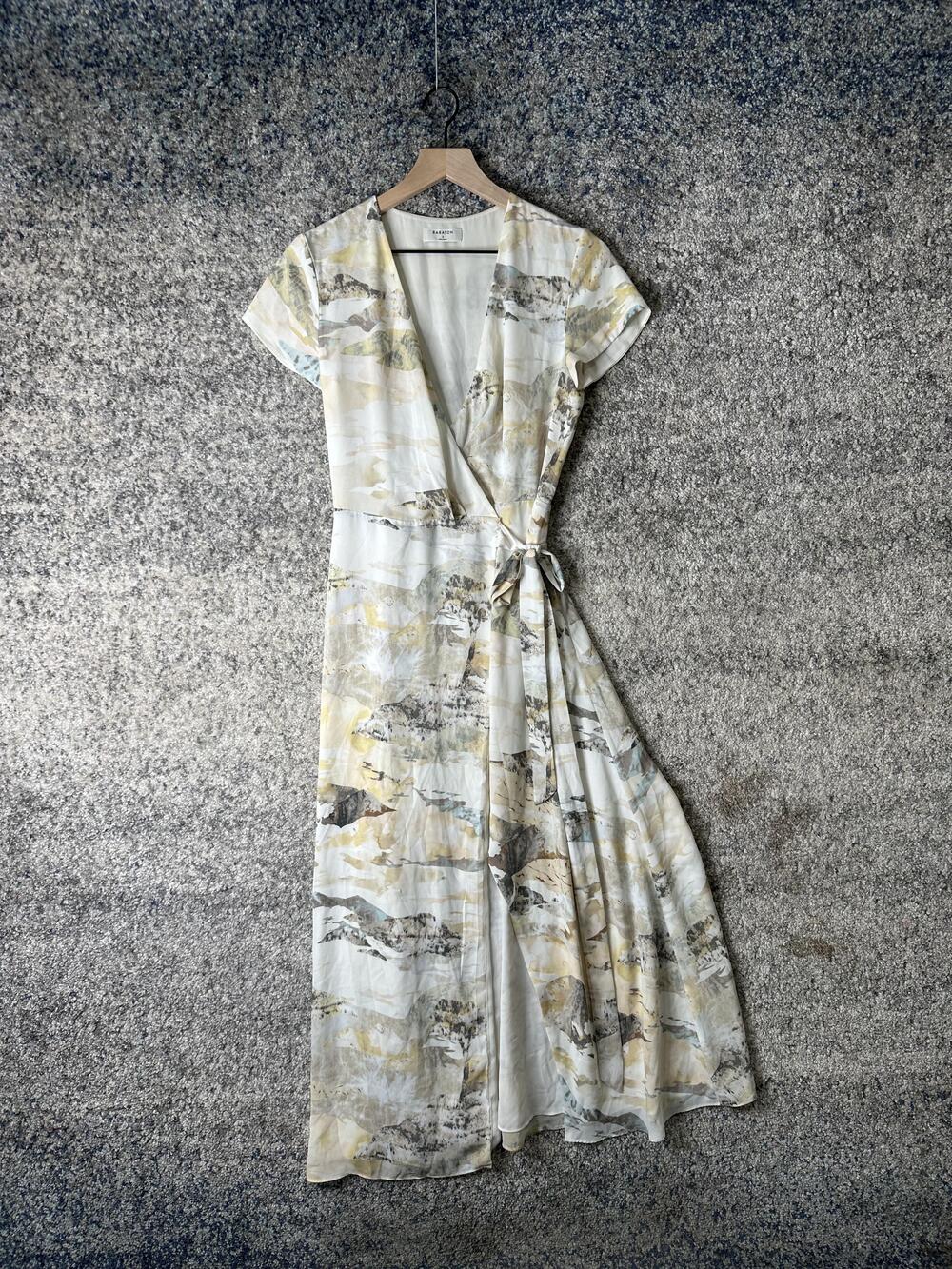 Babaton Wrap Dress Womens Small Cream Gray Abstract Print V-Neck Tie Waist Lined